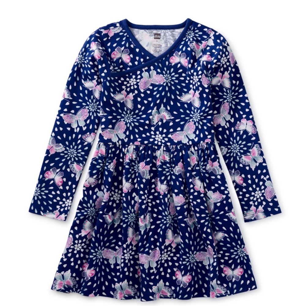 Tea Collection Wrap Neck Dress Japanese Butterfly Long Sleeve Knee Length:10